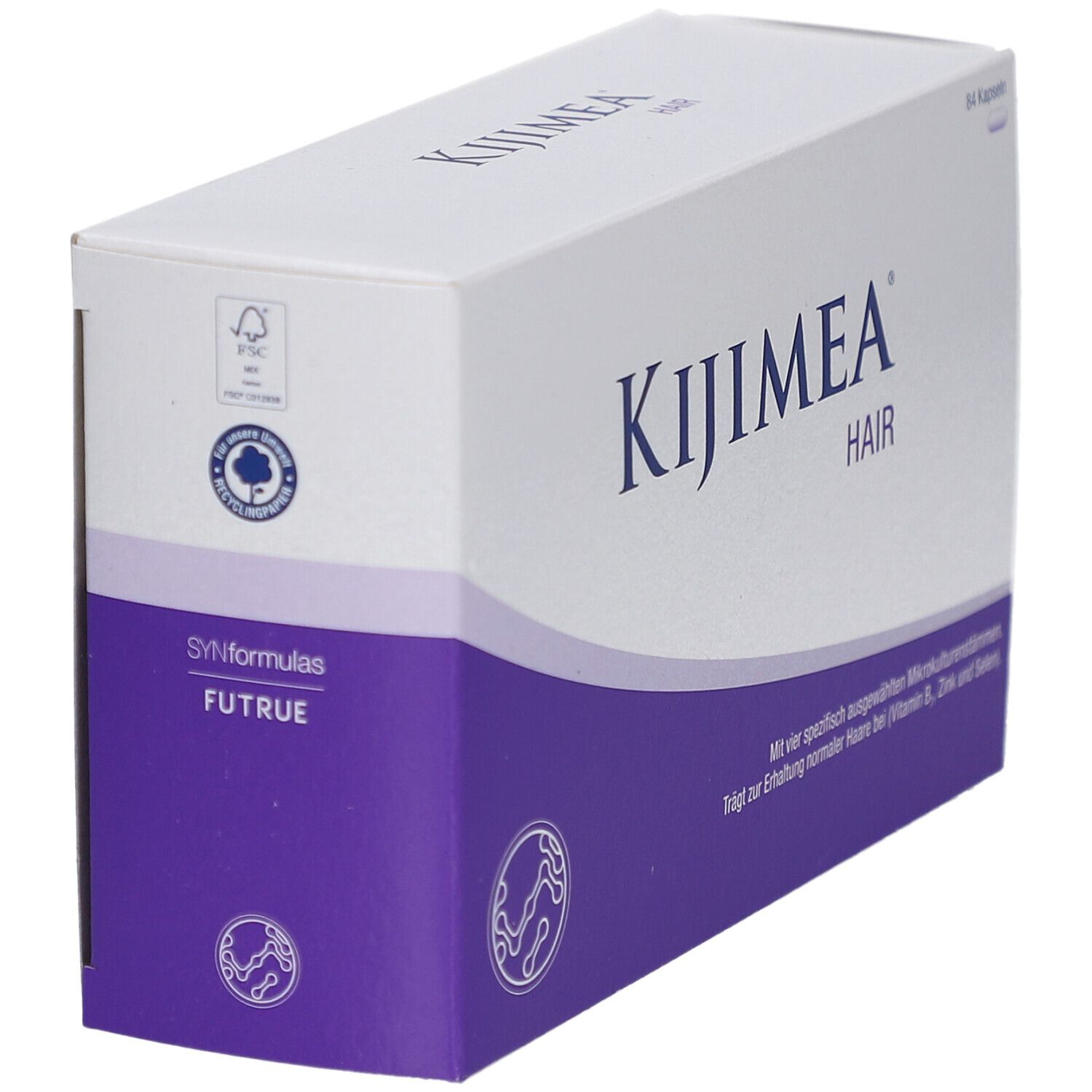 Weiße Schachtel mit lila Akzenten. Aufschrift: KIJIMEA HAIR. Logo und Produktinformationen. FSC-Zertifizierung.
