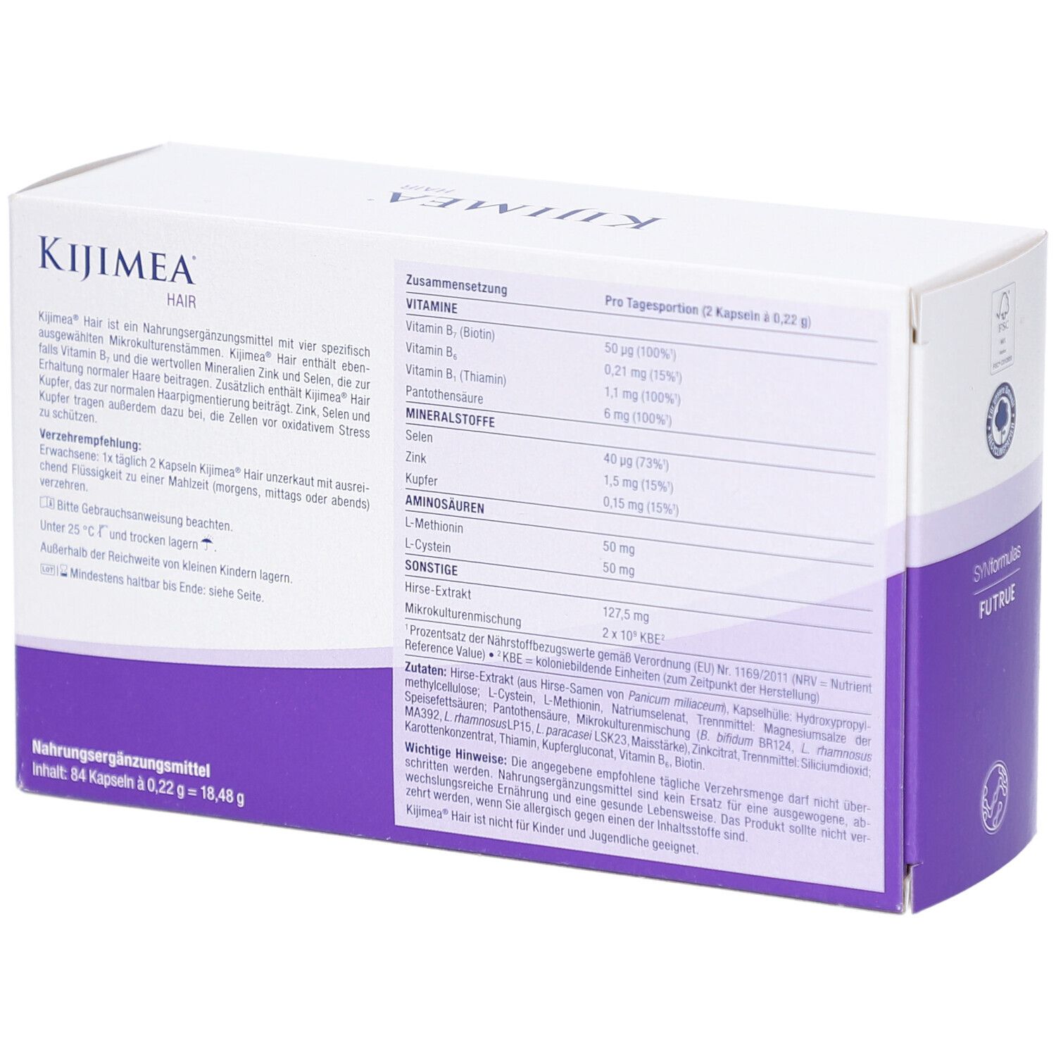 Weiße Schachtel mit lila Akzenten. Aufschrift: KIJIMEA HAIR. Rückseite mit Inhaltsstoffen und Nährwertangaben.