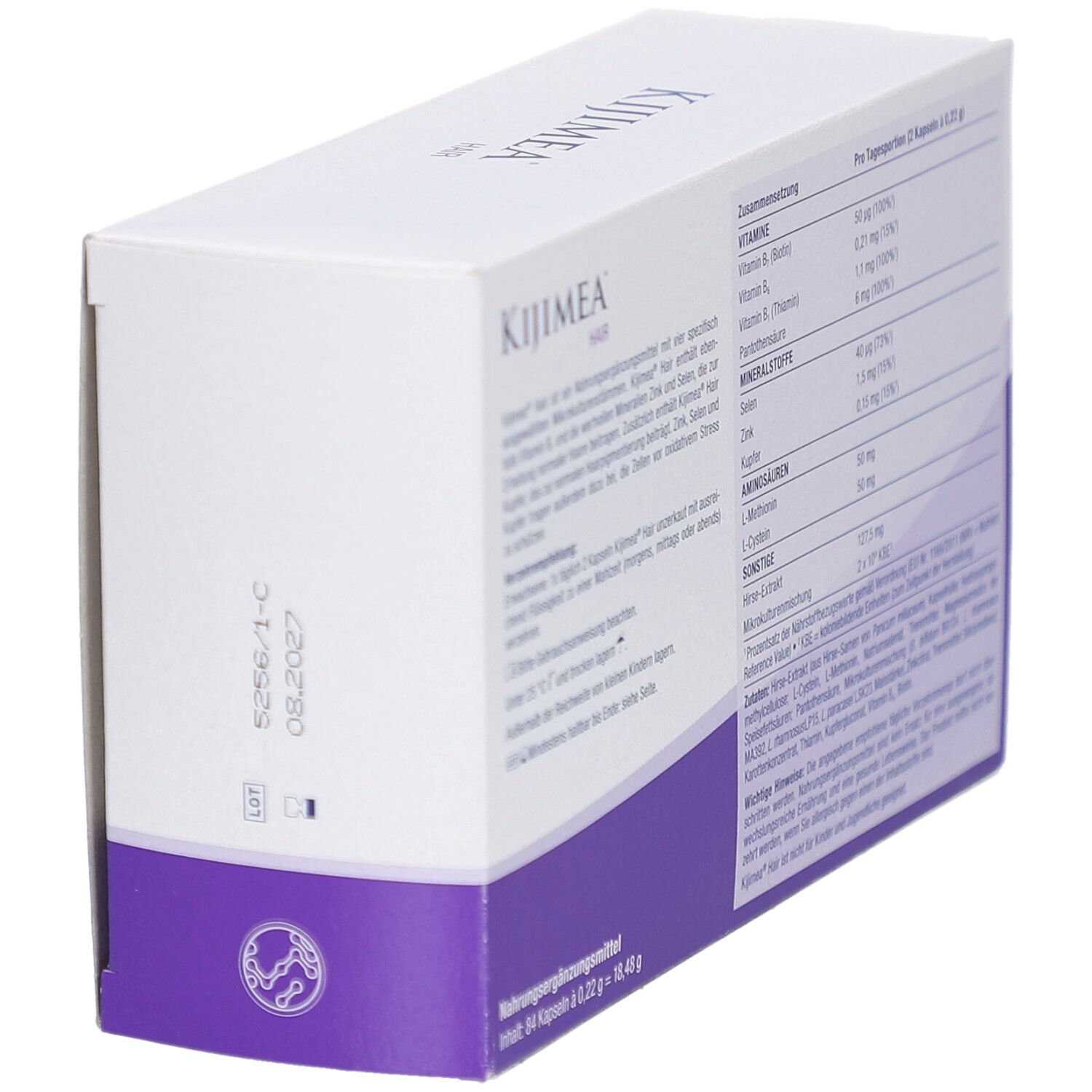 Weiße Schachtel mit lila Akzenten. Aufschrift: KIJIMEA HAIR. Rückseite mit Inhaltsstoffen und Nährwertangaben.