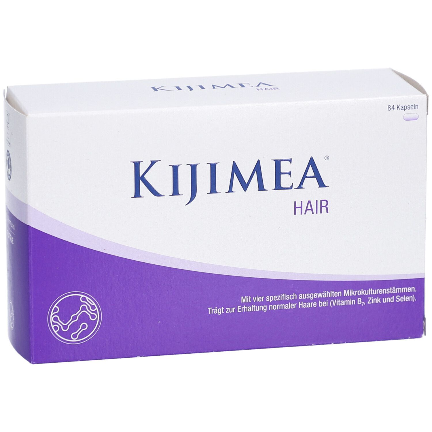 Weiße Schachtel mit lila Akzenten. Aufschrift: KIJIMEA HAIR. Enthält 64 Kapseln. Logo und Produktinformationen.