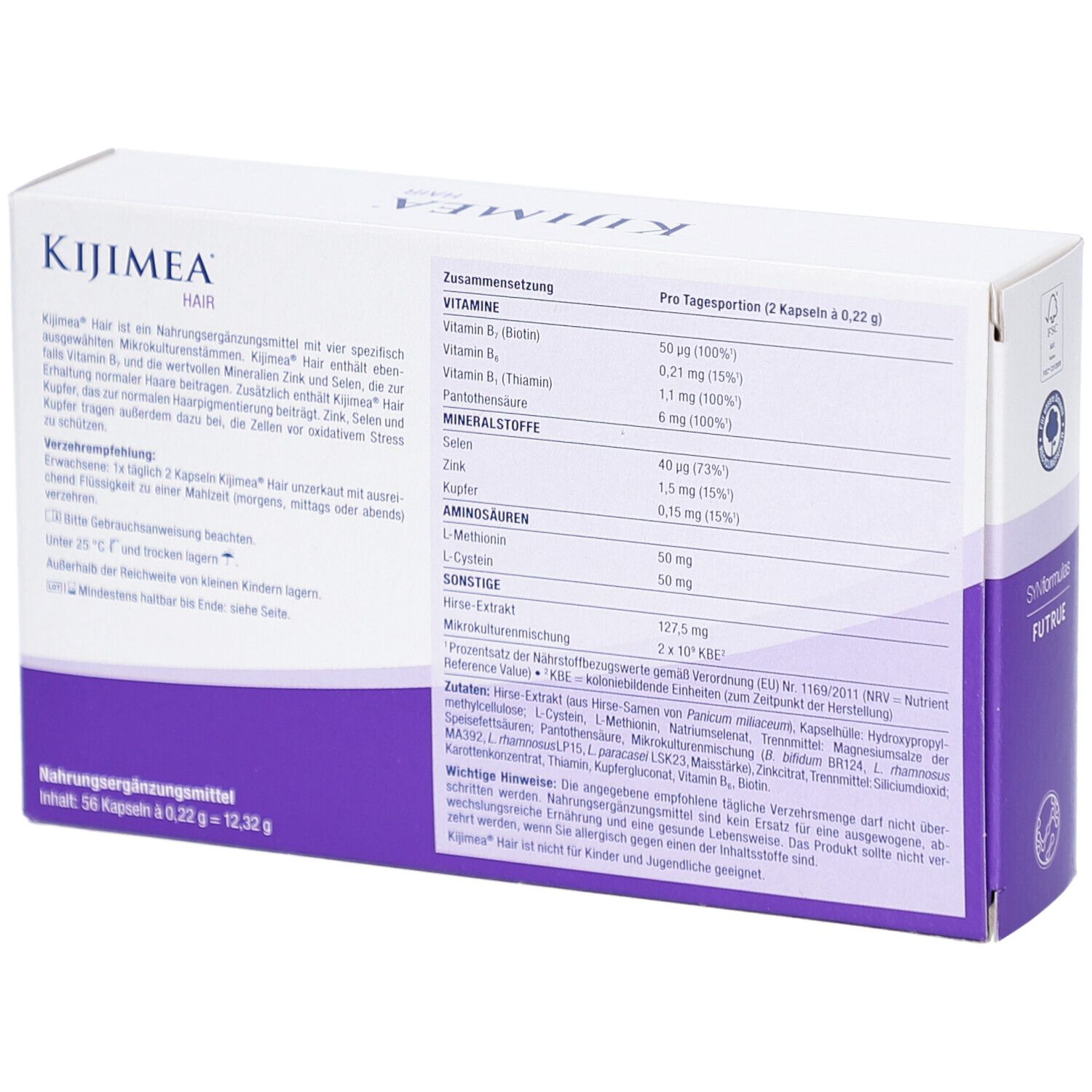 Rückseite der Kijimea Hair-Verpackung. Enthält Informationen zu Inhaltsstoffen, Nährwerten und Anwendungshinweisen.