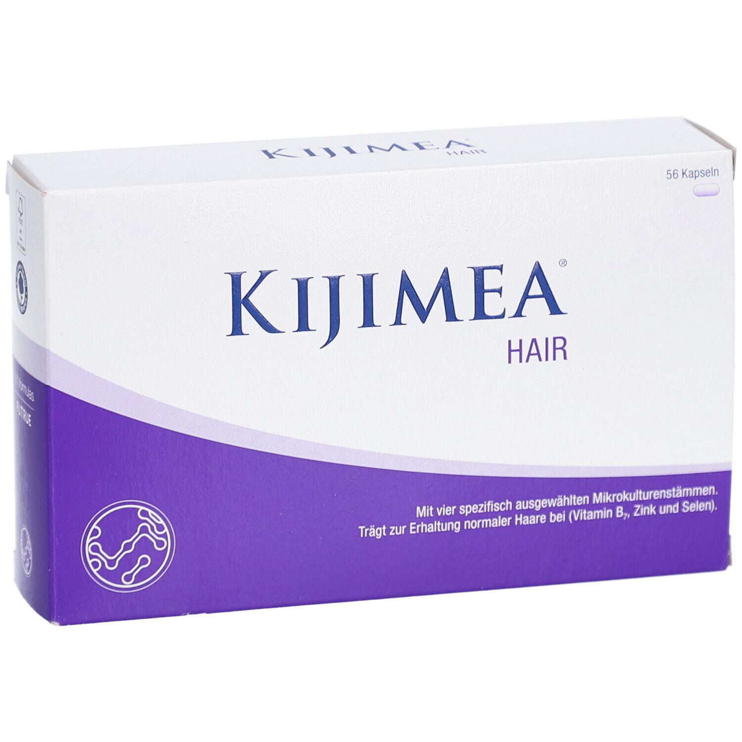Weiße Schachtel mit lila Akzenten. Aufschrift: Kijimea Hair. Enthält 56 Kapseln. Text: Trägt zur Erhaltung normaler Haare bei.
