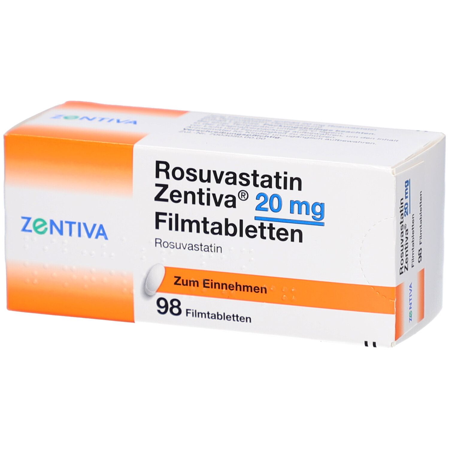 Schachtel mit ROSUVASTATIN Zentiva 20 mg Filmtabletten. Enthält 98 Tabletten. Orangefarbene und weiße Verpackung.