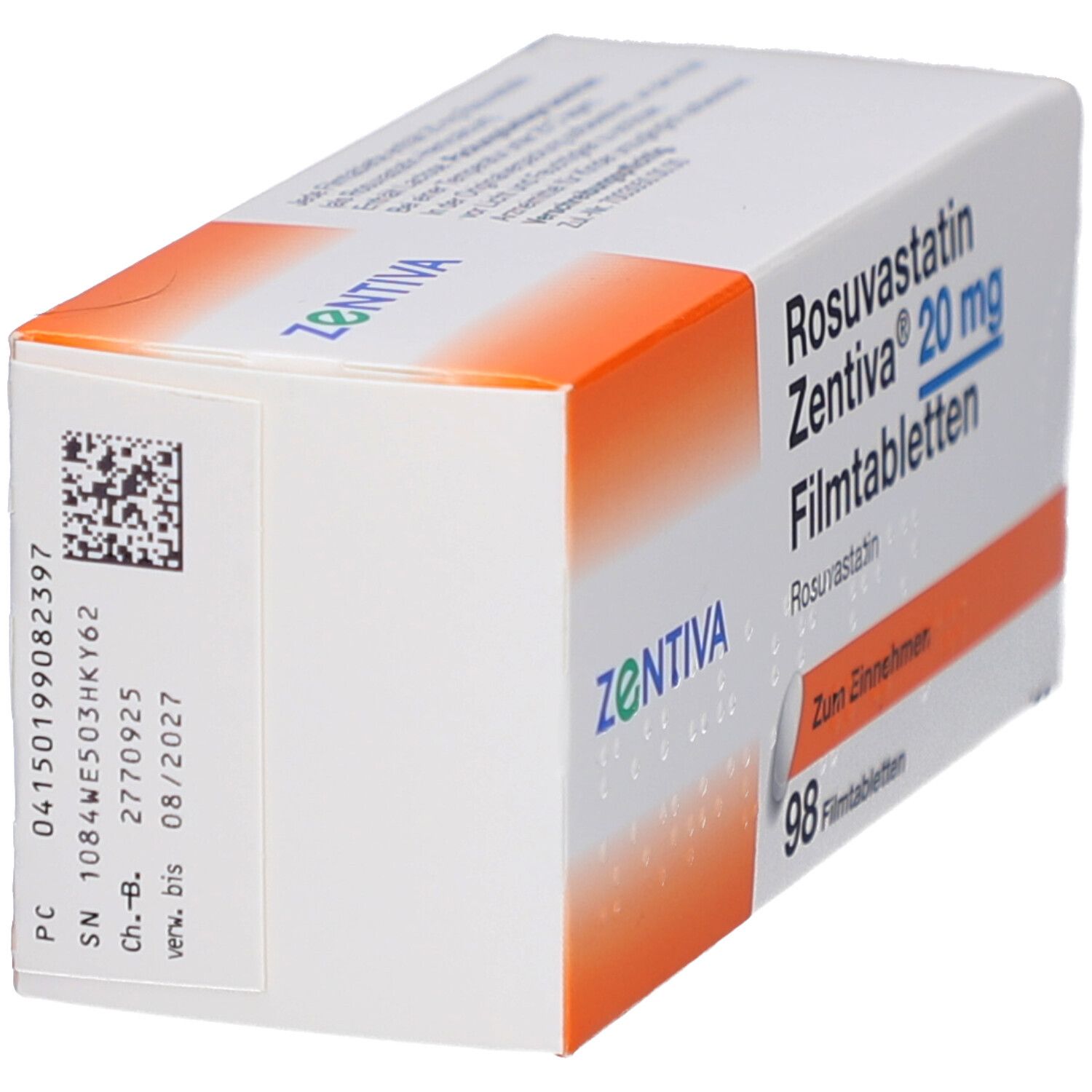 Seitenansicht der Schachtel mit ROSUVASTATIN Zentiva 20 mg Filmtabletten. Enthält 98 Tabletten. Weiße und orangefarbene Verpackung.