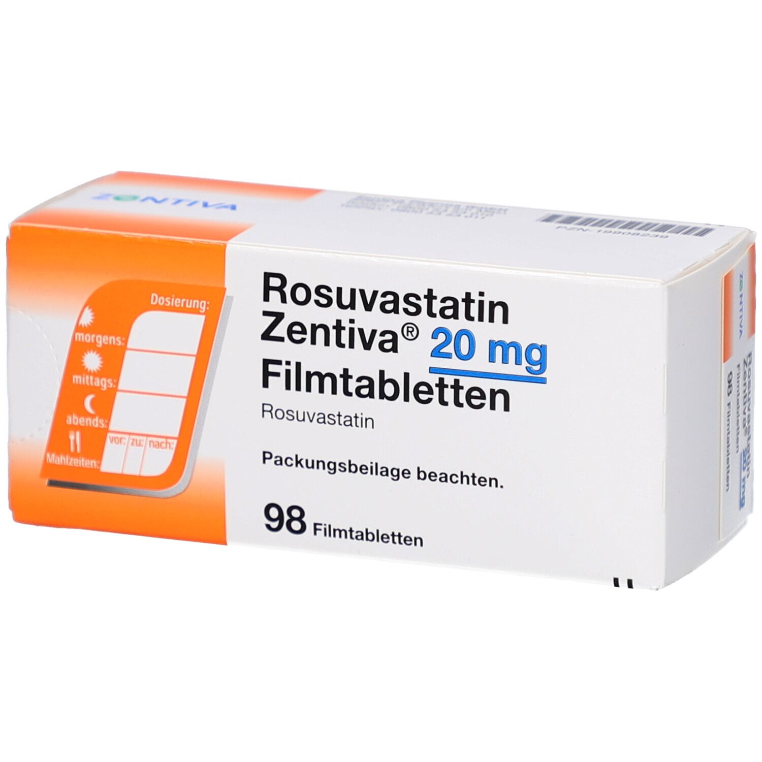 Schachtel mit ROSUVASTATIN Zentiva 20 mg Filmtabletten. Enthält 98 Tabletten. Mit Dosierungshinweisen. Orange und weiße Verpackung.