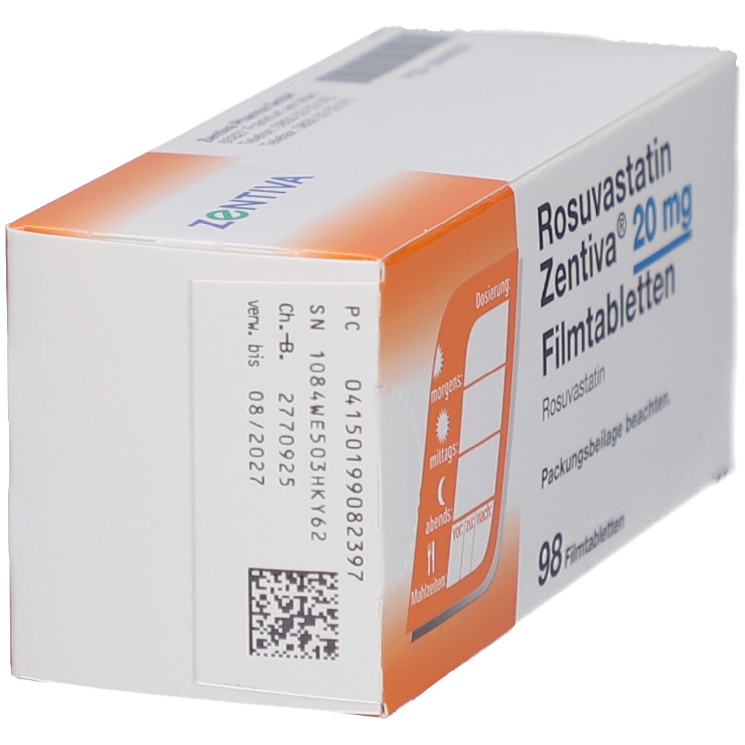 Seitenansicht der Schachtel mit ROSUVASTATIN Zentiva 20 mg Filmtabletten. Enthält 98 Tabletten. Mit Dosierungshinweisen. Orange und weiße Verpackung.