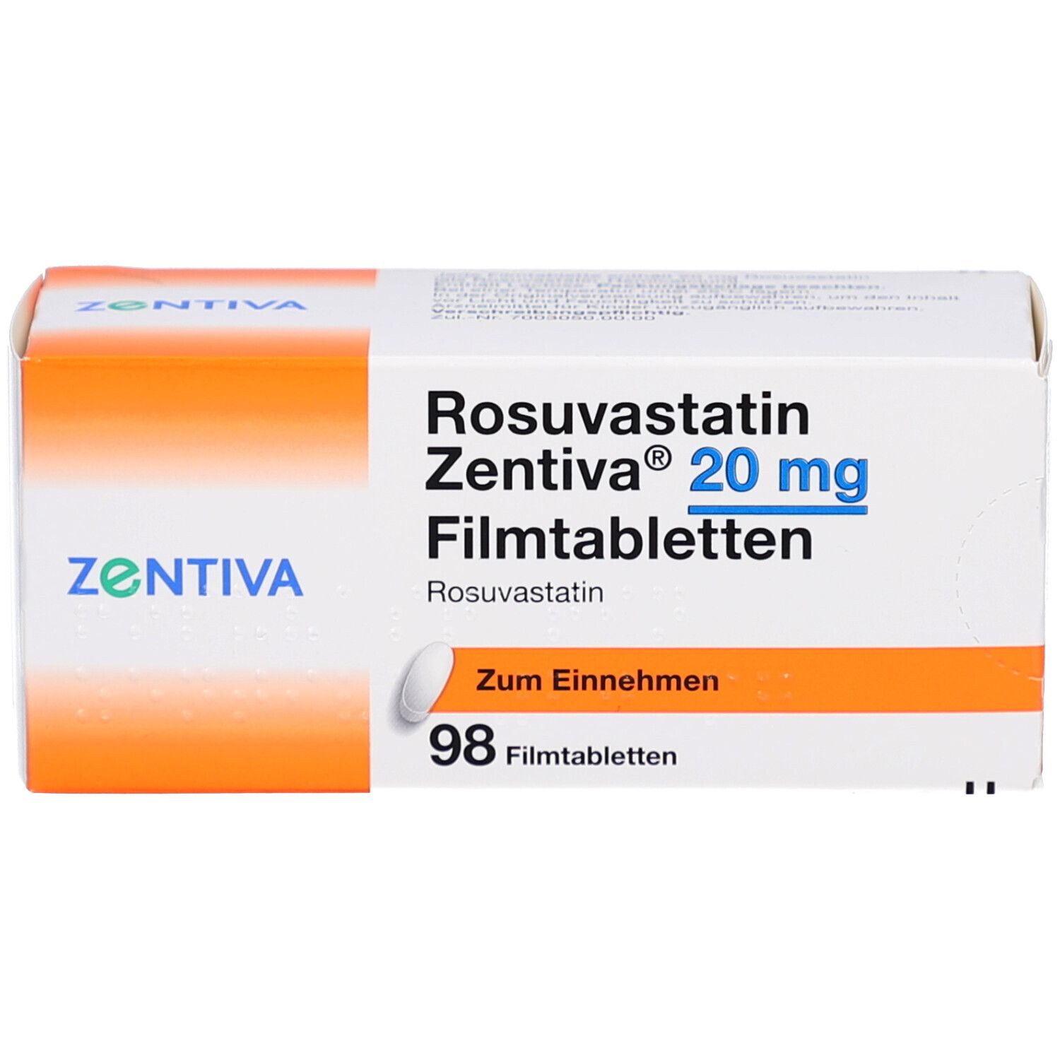 Schachtel mit ROSUVASTATIN Zentiva 20 mg Filmtabletten. Enthält 98 Tabletten. Weiße und orangefarbene Verpackung.