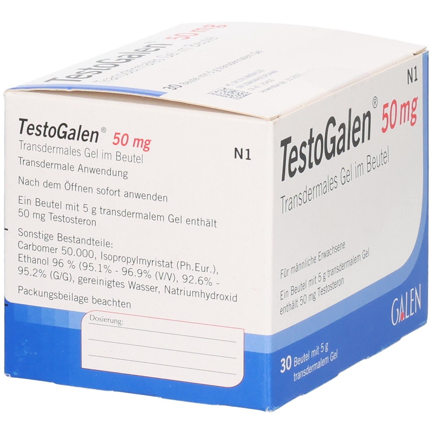 TestoGalen 50 mg Transdermales Gel im Beutel, Packung mit 30 Beuteln. Enthält 50 mg Testosteron.