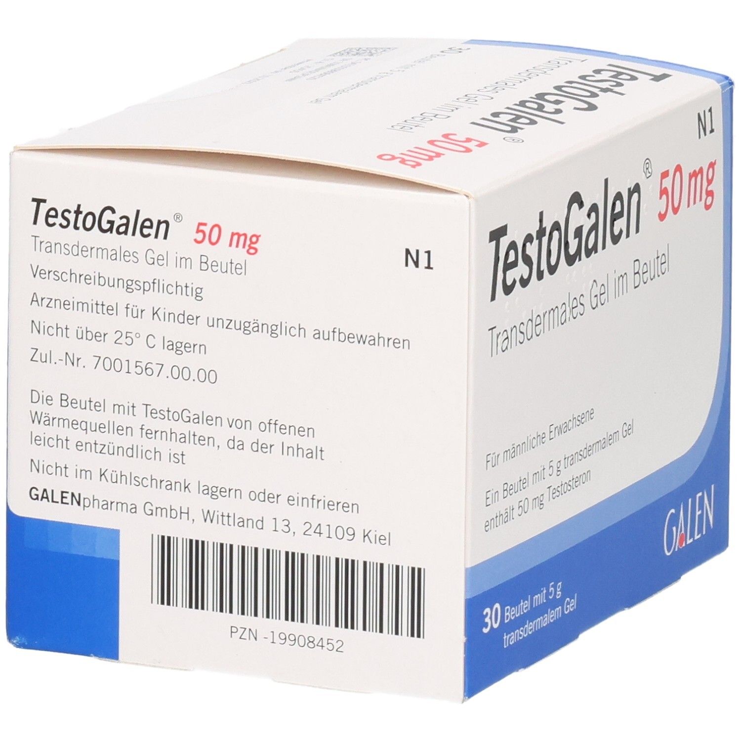 TestoGalen 50 mg Transdermales Gel im Beutel, Packung mit 30 Beuteln. Galenpharma GmbH.