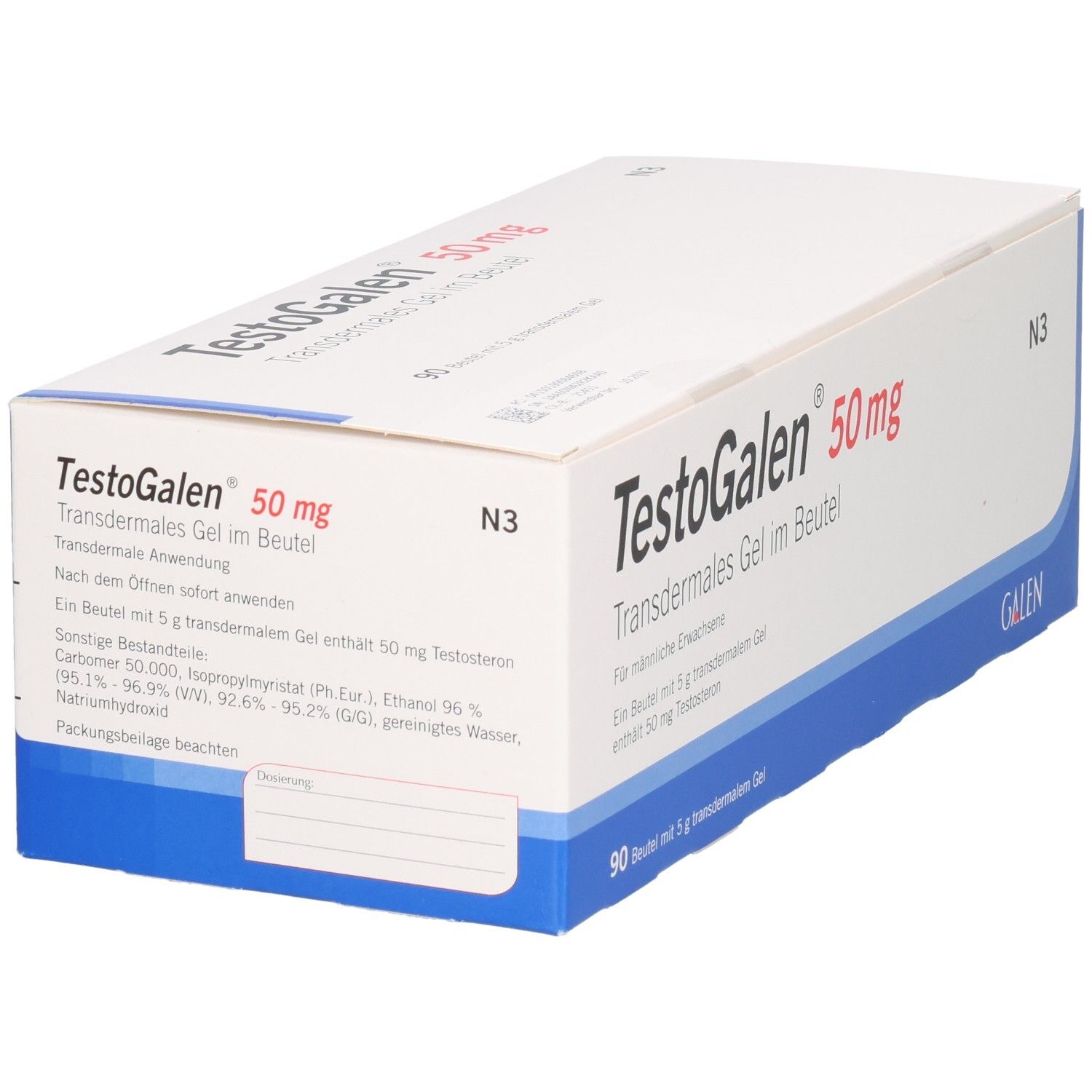 TestoGalen 50 mg transdermales Gel im Beutel, Rückseite mit Anwendungshinweisen.