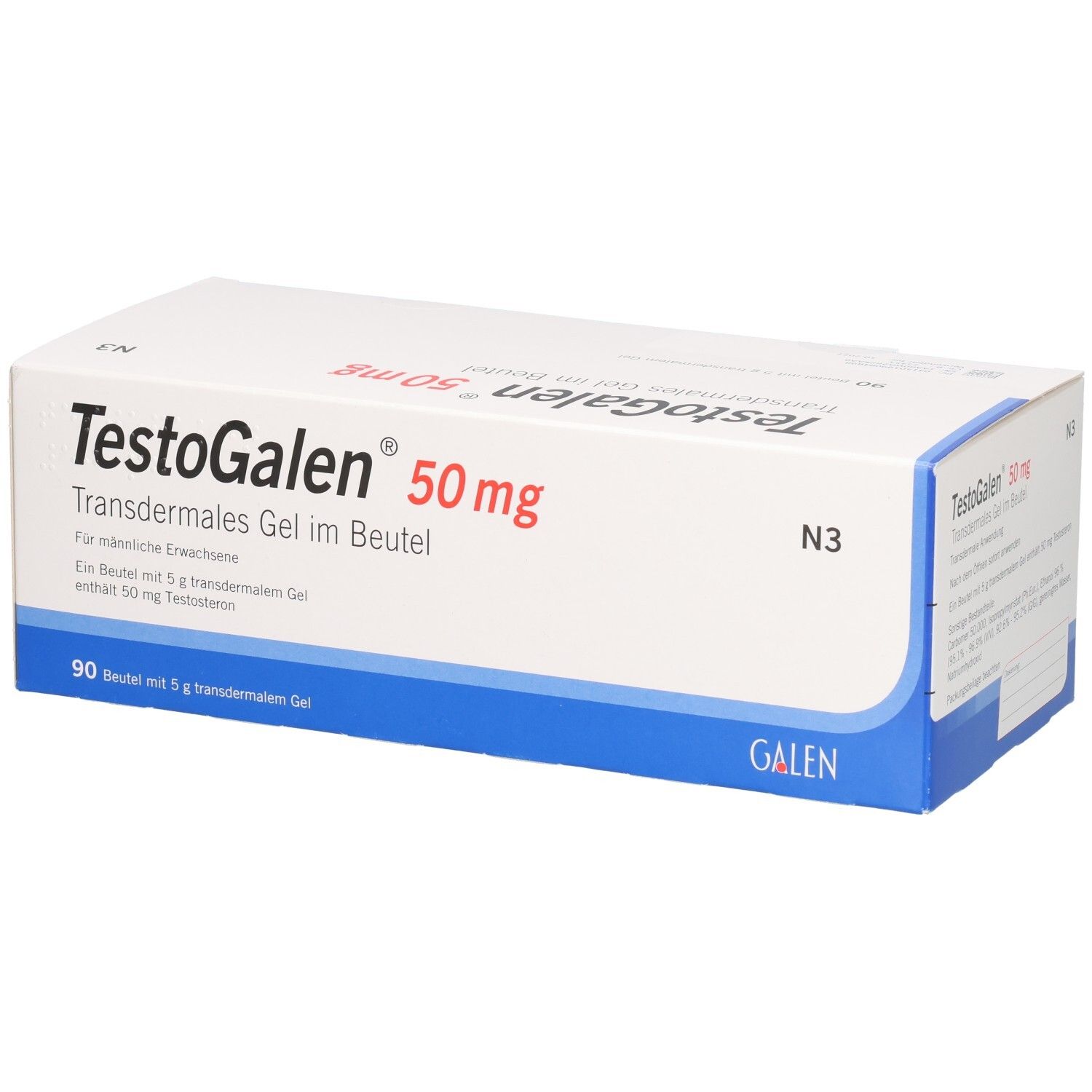 TestoGalen 50 mg transdermales Gel im Beutel, Seitenansicht.