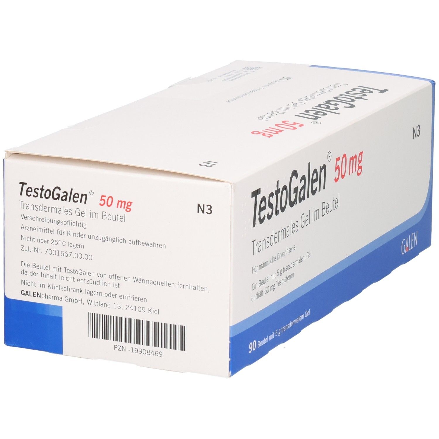 TestoGalen 50 mg transdermales Gel im Beutel, Rückseite mit Zulassungsnummer.