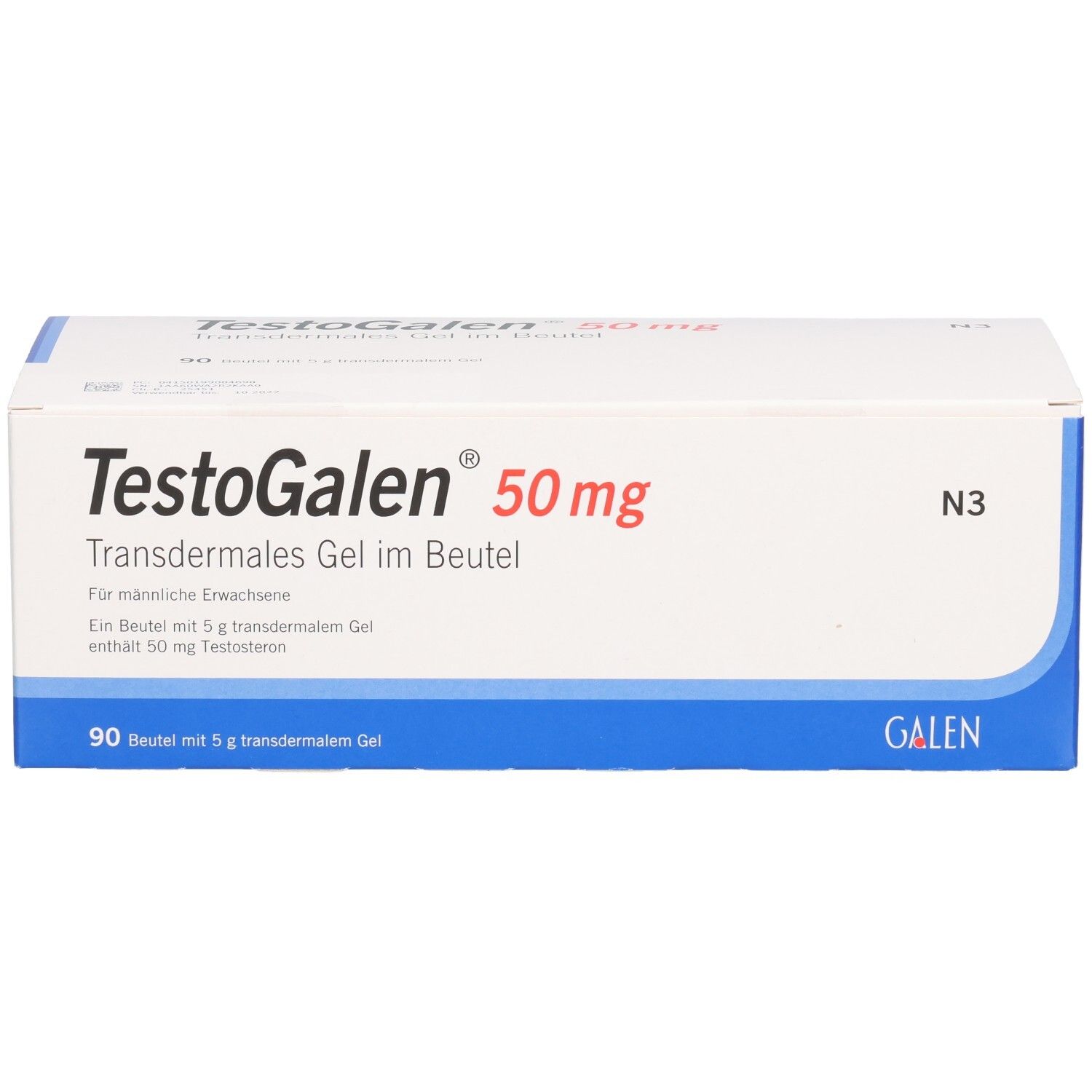 TestoGalen 50 mg transdermales Gel im Beutel, Vorderseite mit Produktinformationen.