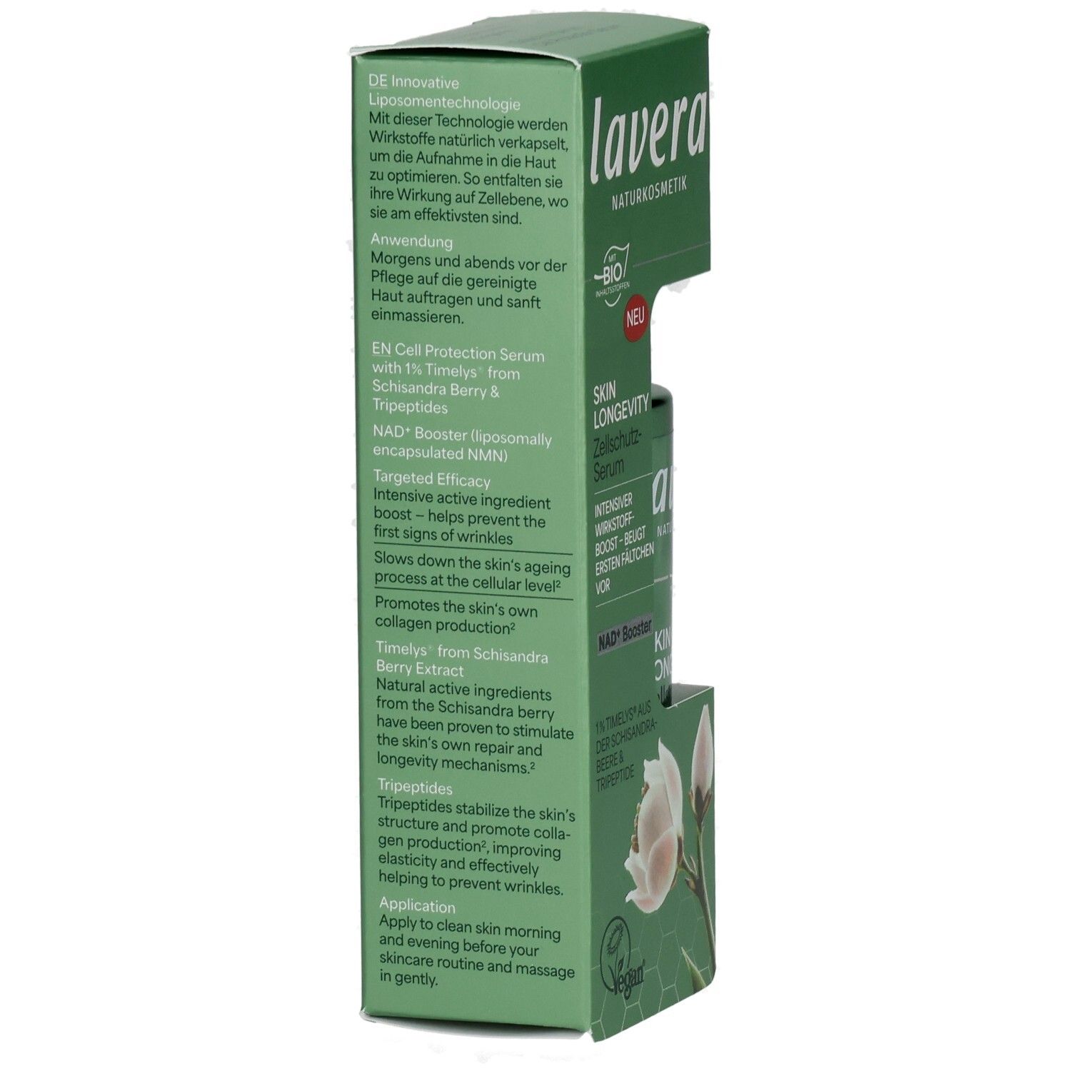 Lavera Skin Longevity Zellschutz-Serum, Seitenansicht der Verpackung mit Produktinformationen.