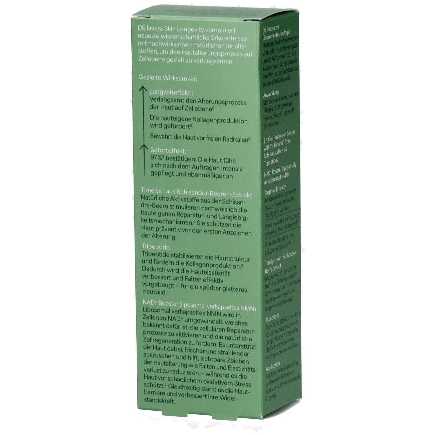 Lavera Skin Longevity Zellschutz-Serum, Rückseite der Verpackung mit detaillierten Inhaltsstoffen.