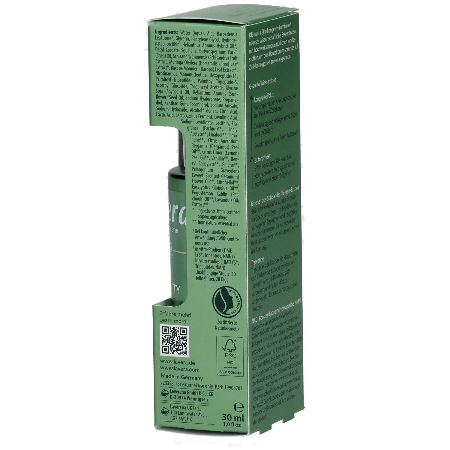 Lavera Skin Longevity Zellschutz-Serum, Verpackung mit geöffneter Vorderseite und Fläschchen.