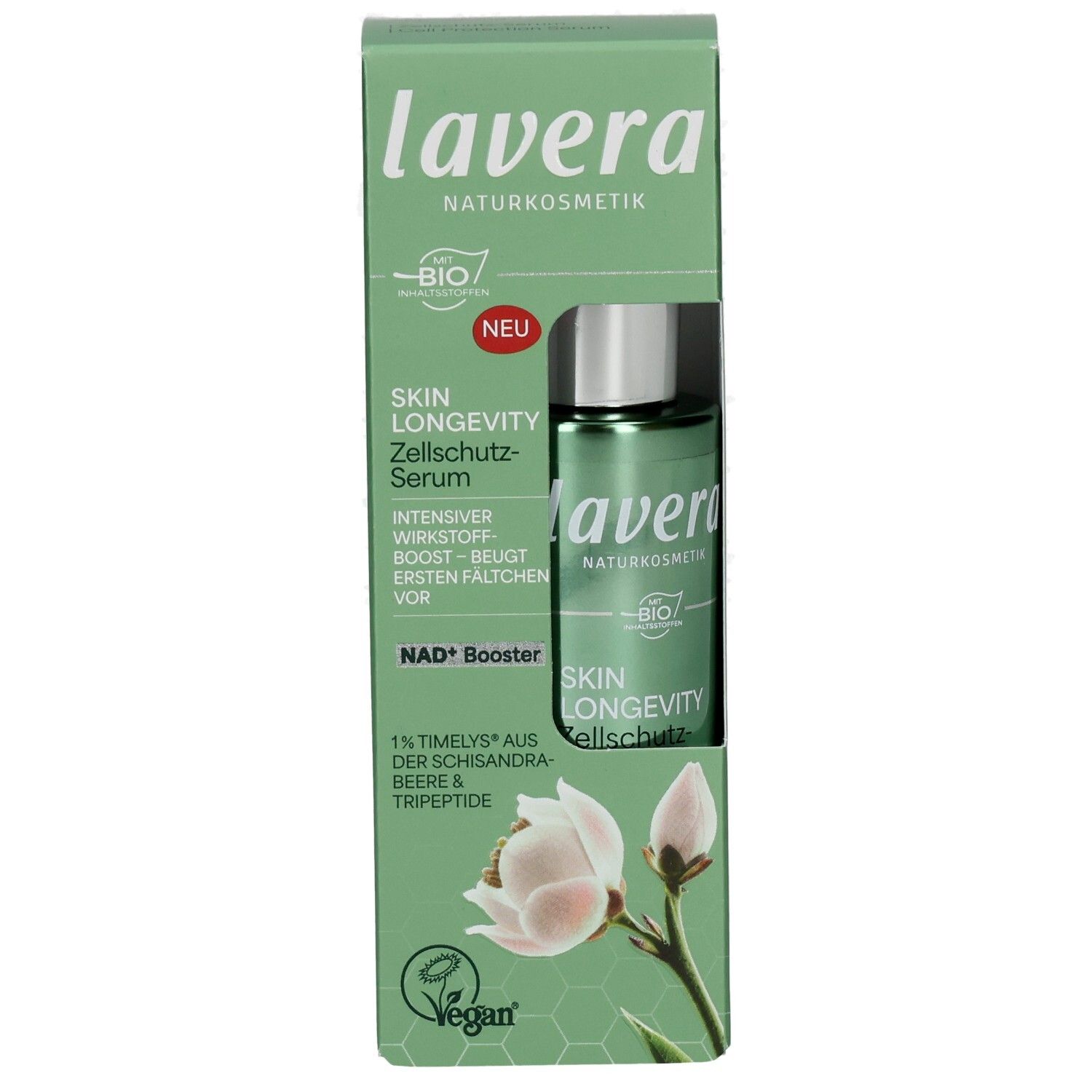 Lavera Skin Longevity Zellschutz-Serum, Nahaufnahme des Fläschchens und der Verpackung.