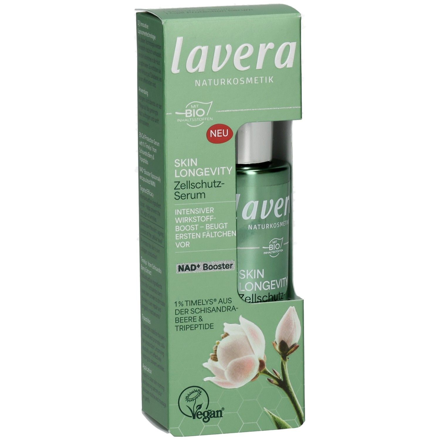 Lavera Skin Longevity Zellschutz-Serum, Fläschchen mit grünem Serum und silbernem Verschluss.