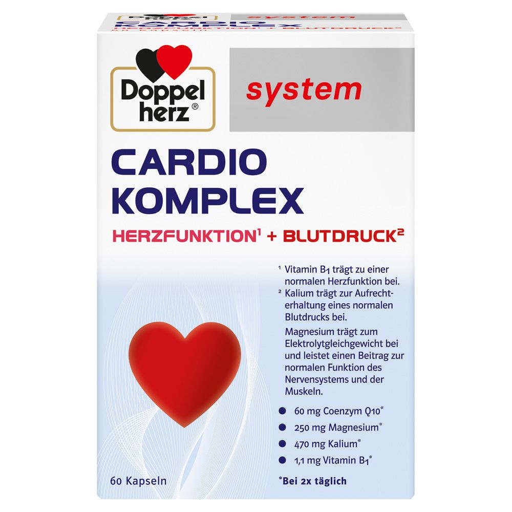 Verpackung von Cardio Komplex Kapseln. Enthält 60 Kapseln. Marke: Doppelherz. Hauptmerkmale: Herzfunktion und Blutdruck.
