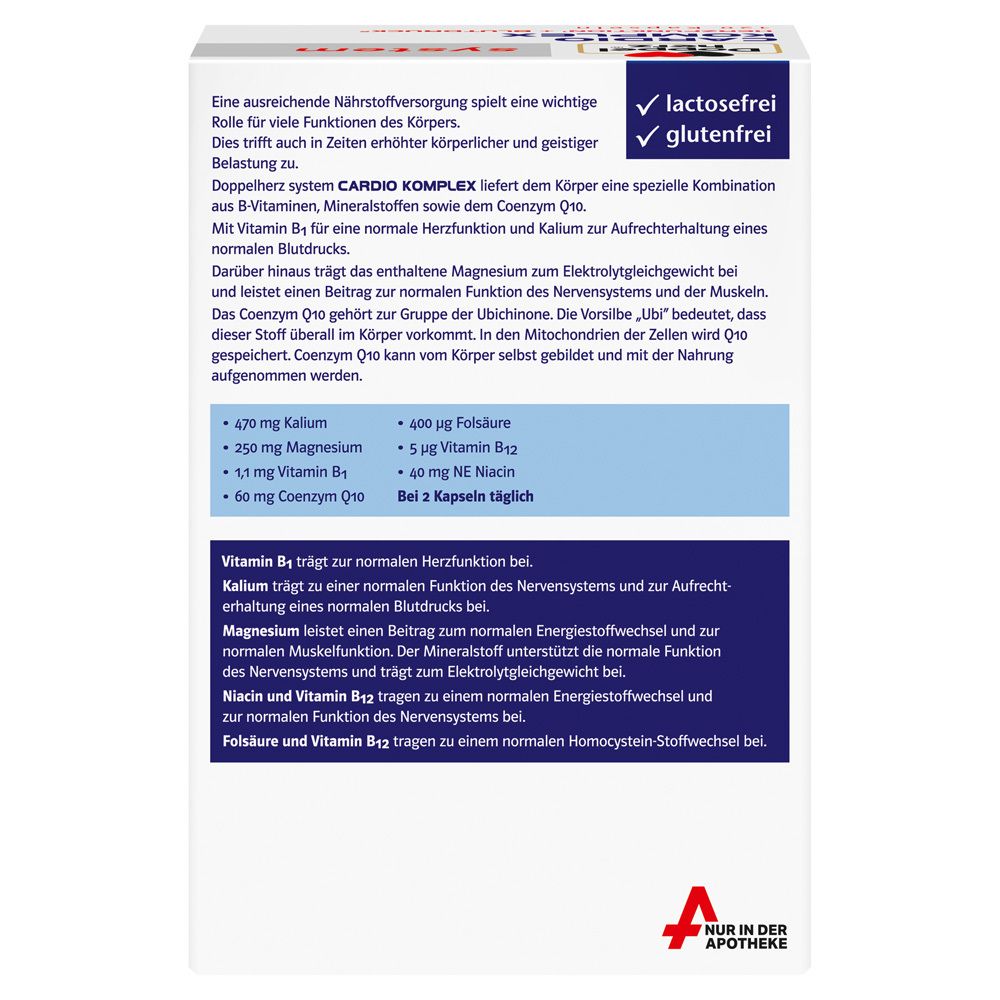 Rückseite der Doppelherz CARDIO KOMPLEX Packung. Text: Inhaltsstoffe, Nährwertangaben, laktosefrei, glutenfrei.