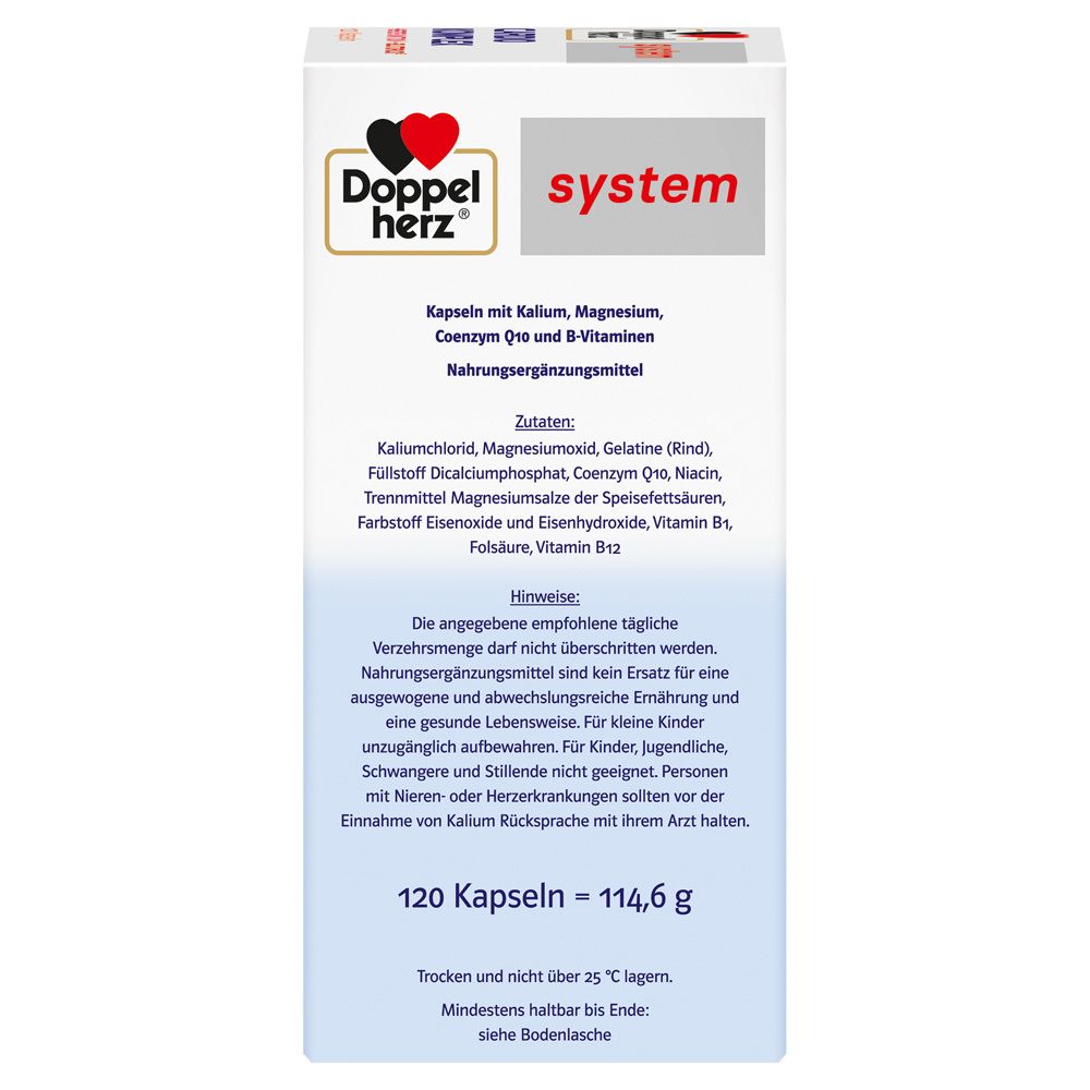Seite der Doppelherz CARDIO KOMPLEX Packung. Text: Inhaltsstoffe, Hinweise, 120 Kapseln = 114,6 g.