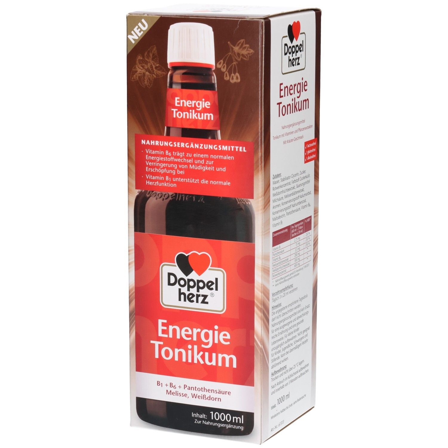 Flasche und Verpackung von Energie Tonikum. Rote Etiketten mit Produktnamen und Logo. Enthält B-Vitamine und Weißdorn.