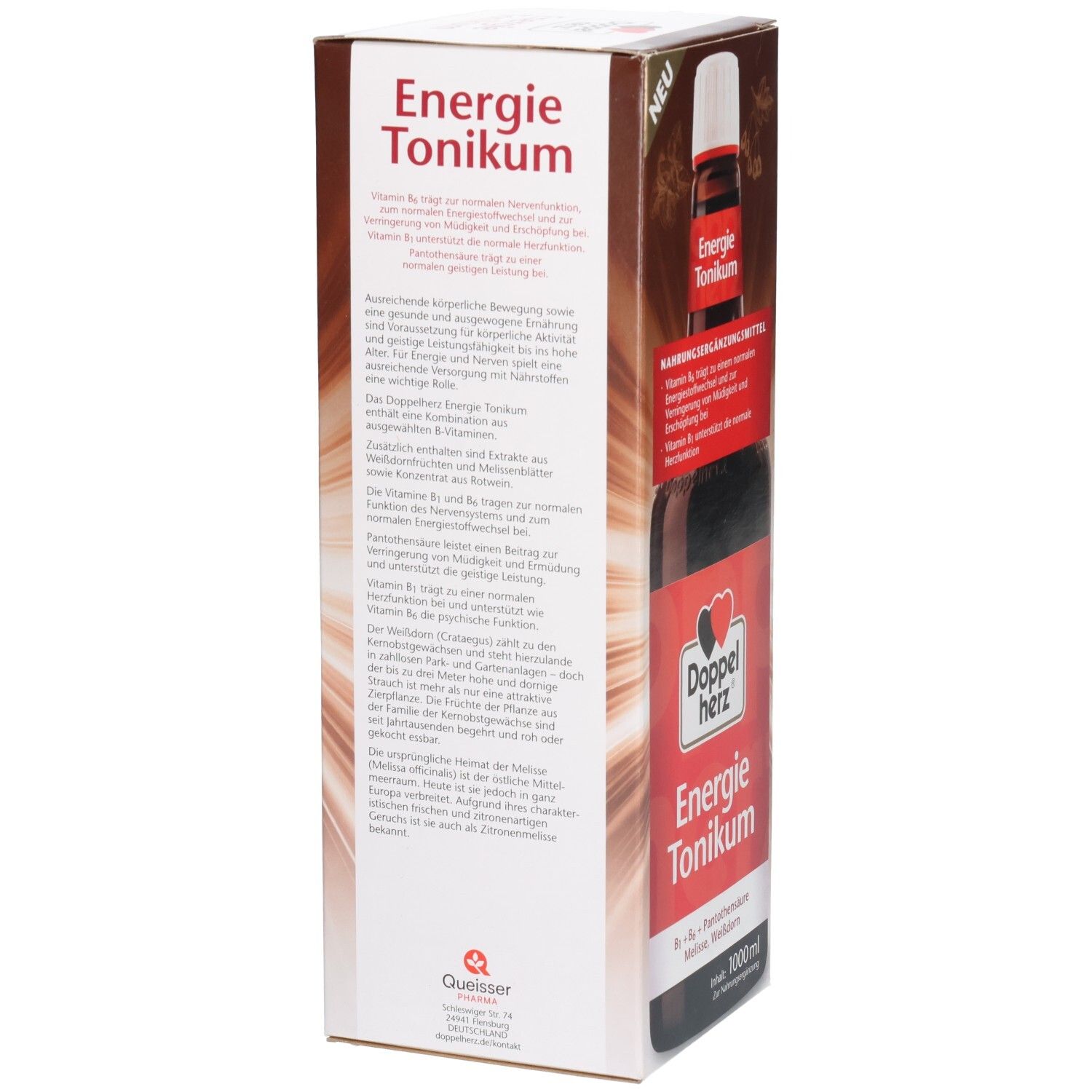 Verpackung von Energie Tonikum. Textliche Informationen auf weißem Hintergrund. Produktname und Logo sind sichtbar.