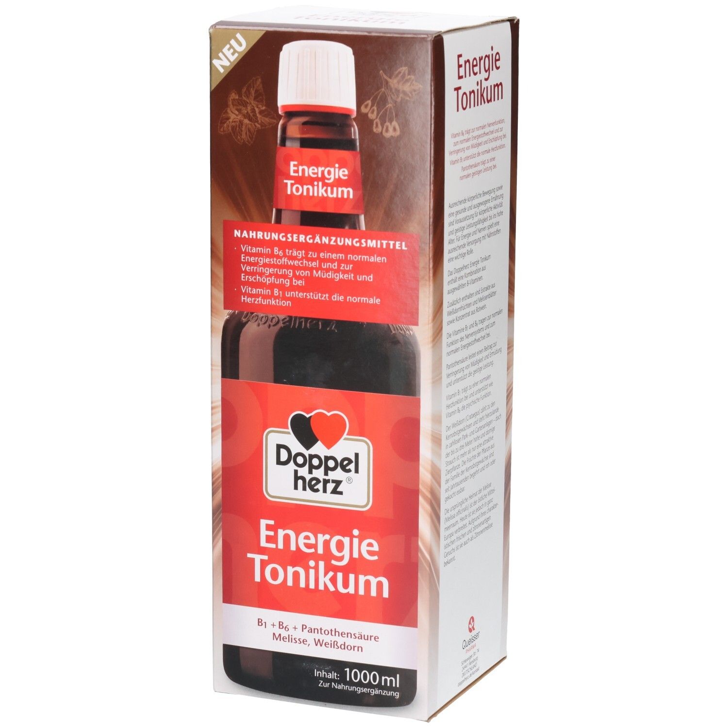 Flasche und Verpackung von Energie Tonikum. Rote Etiketten mit Produktnamen und Logo. Enthält B-Vitamine und Weißdorn.