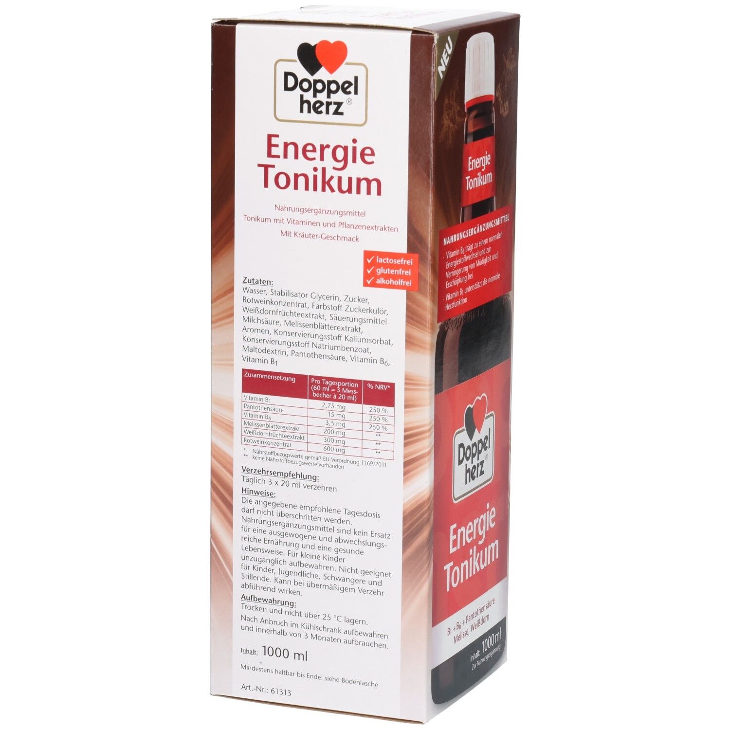 Verpackung von Energie Tonikum. Textliche Informationen und Nährwerttabelle. Produktname und Logo sind sichtbar.