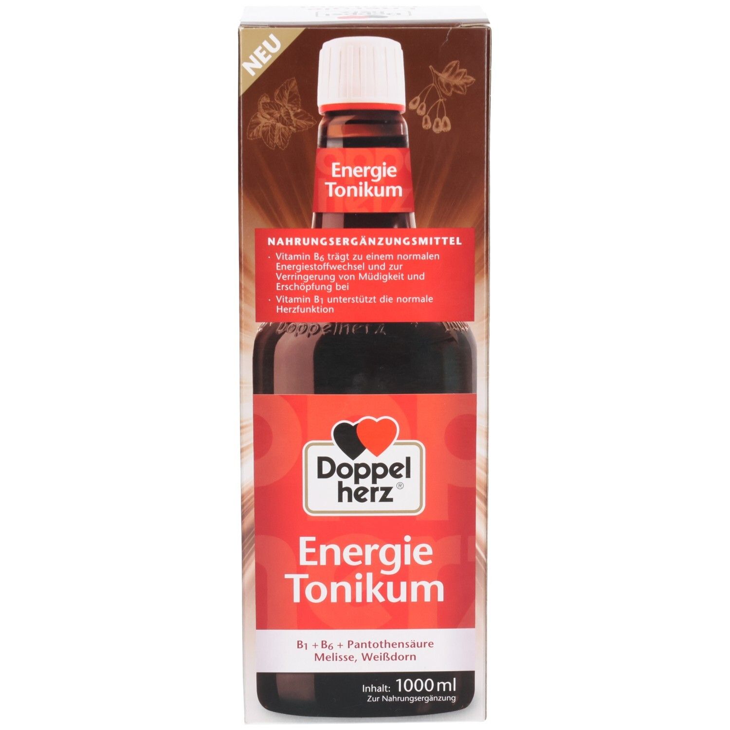 Flasche und Verpackung von Energie Tonikum. Rote Etiketten mit Produktnamen und Logo. Enthält B-Vitamine und Weißdorn.