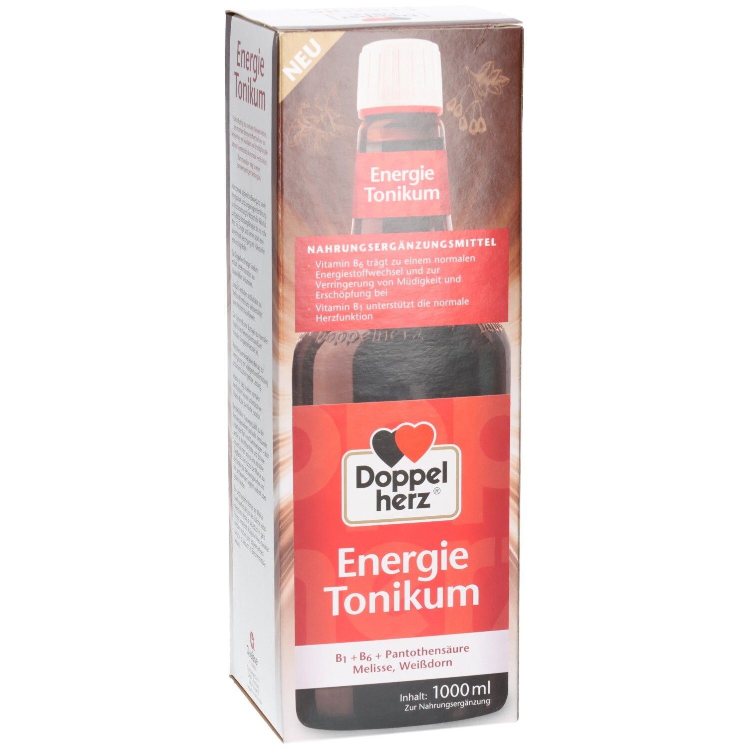 Flasche und Verpackung von Energie Tonikum. Rote Etiketten mit Produktnamen und Logo. Enthält B-Vitamine und Weißdorn.