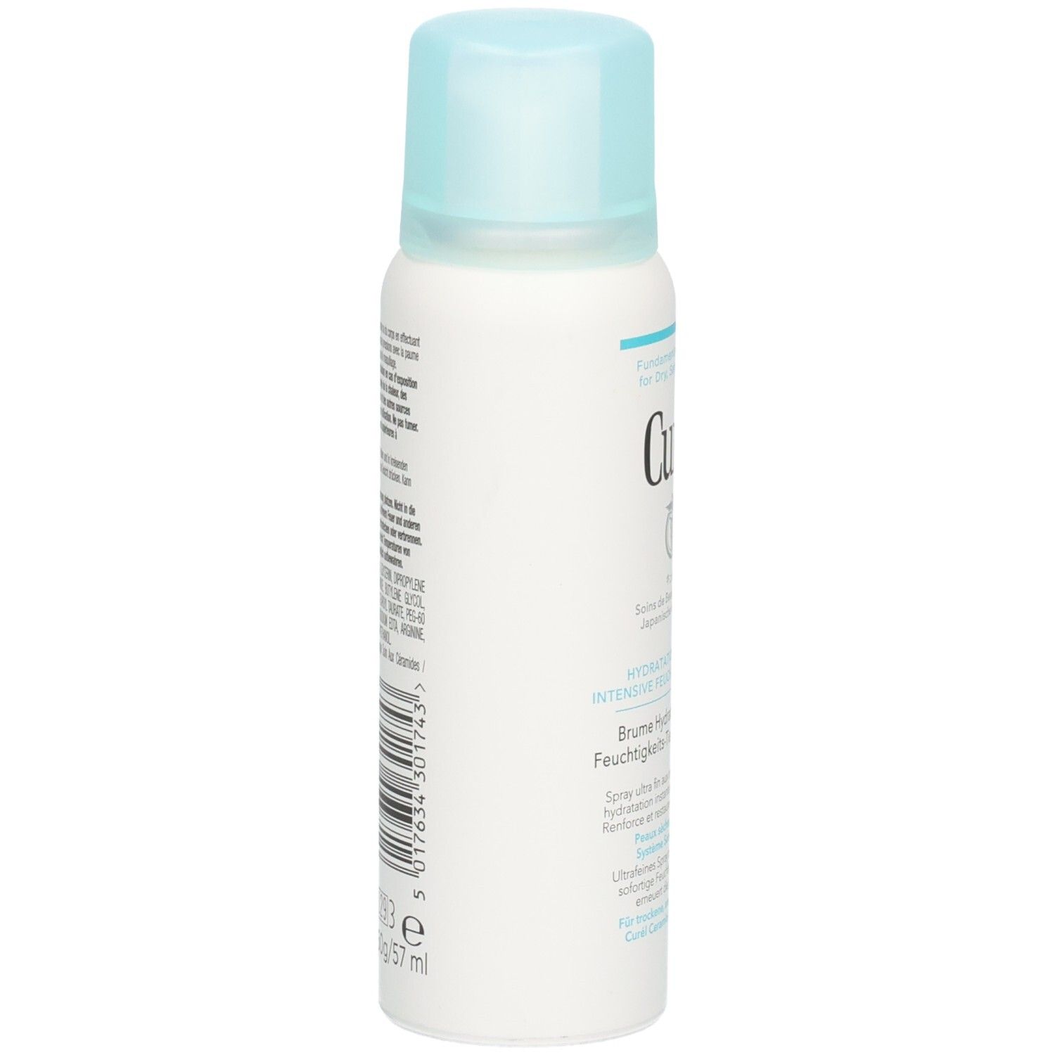 Weißes Spray mit hellblauem Deckel. Seitliche Ansicht mit Text und Barcode. Volumen: 57 ml.
