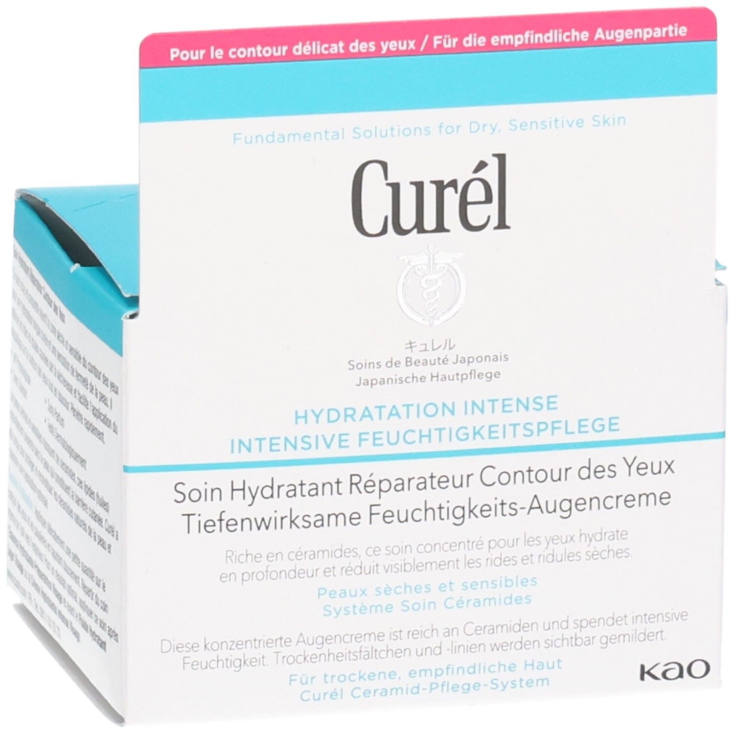Curél Augencreme-Verpackung, schräg. Weißer Karton mit blauer Oberseite. Text: Hydratation Intense, Tiefenwirksame Feuchtigkeits-Augencreme. Marke Curél.