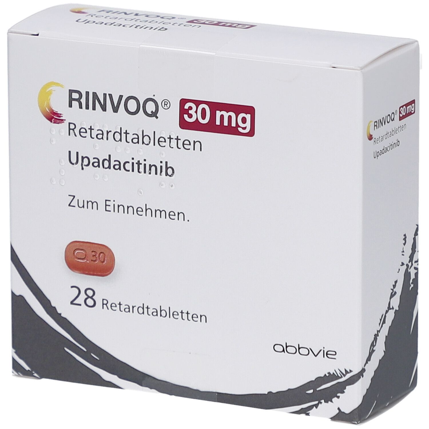 RINVOQ 30 mg Retardtabletten-Packung. Enthält 28 Tabletten. Aufdruck: RINVOQ, 30 mg, Upadacitinib. Hersteller: AbbVie.
