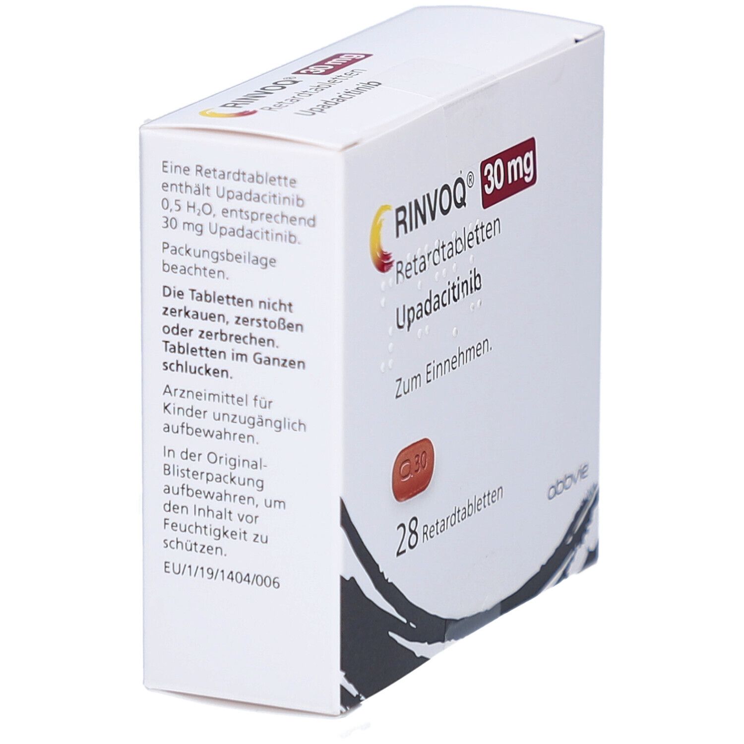 RINVOQ 30 mg Packung, schräg. Text: RINVOQ, 30 mg, Upadacitinib. Enthält 28 Retardtabletten. Hersteller: AbbVie. Aufdruck: Tablette.