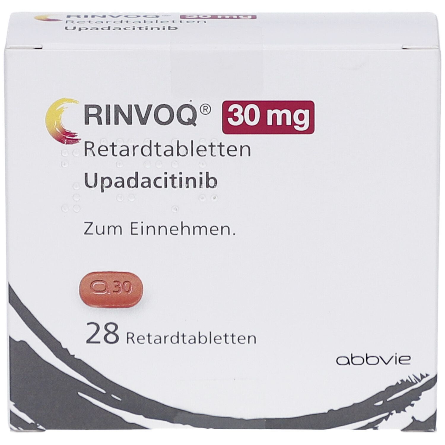 RINVOQ 30 mg Retardtabletten-Packung. Enthält 28 Tabletten. Aufdruck: RINVOQ, 30 mg, Upadacitinib. Hersteller: AbbVie. Tablette.