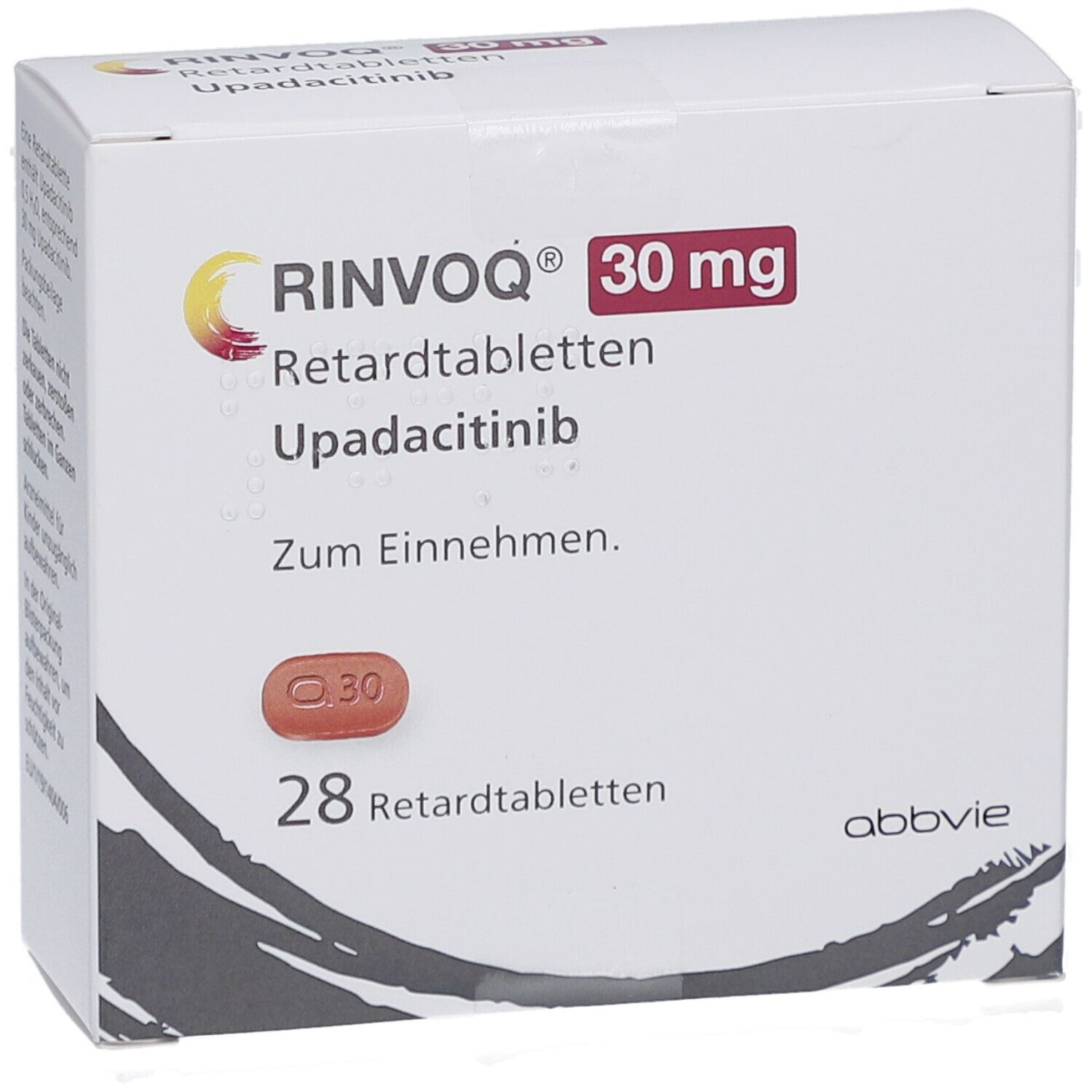 RINVOQ 30 mg Retardtabletten-Packung. Enthält 28 Tabletten. Aufdruck: RINVOQ, 30 mg, Upadacitinib. Hersteller: AbbVie. Tablette.