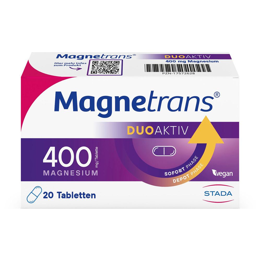 Packung Magnetrans DUOAKTIV 400 mg Magnesium Tabletten, 20 Stück.