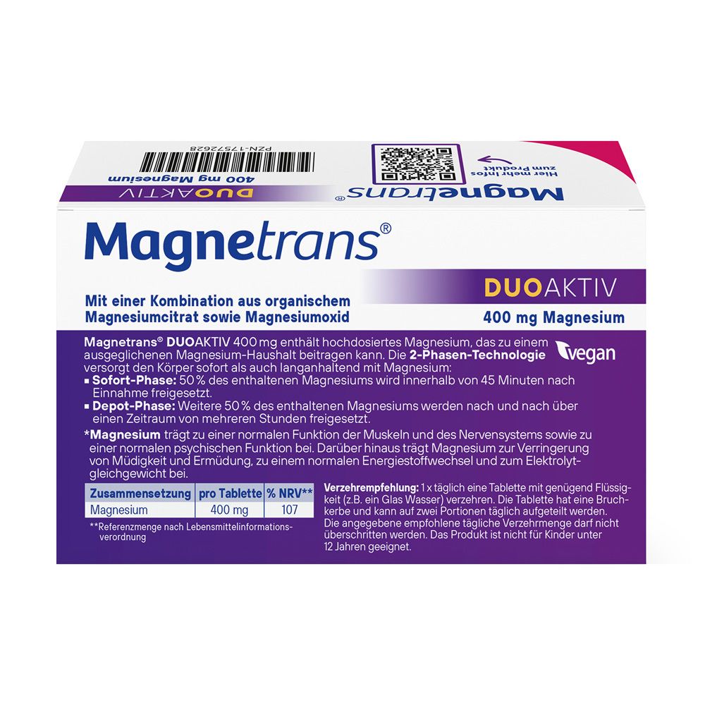 Rückseite der Magnetrans DUOAKTIV 400 mg Magnesium Tabletten Packung mit Produktinformationen.