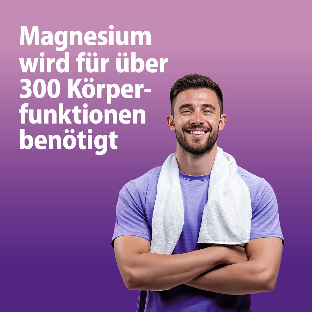 Mann mit Handtuch um den Hals, mit Text 'Magnesium wird für über 300 Körperfunktionen benötigt'.
