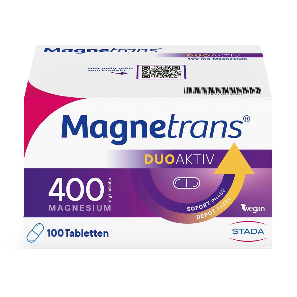 Magnetrans DUOAKTIV 400 mg Magnesium, 100 Tabletten Verpackung. Mit Sofort- und Depot-Phase.