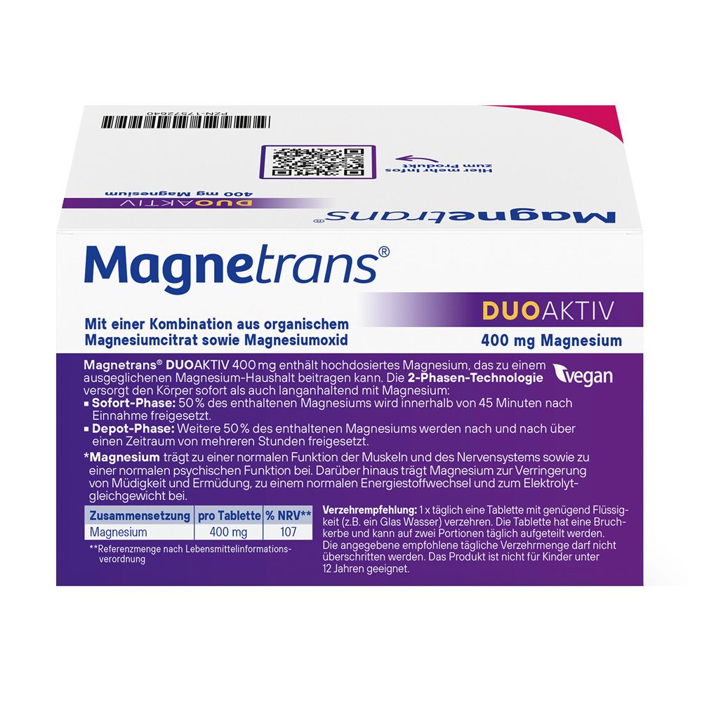 Rückseite der Magnetrans DUOAKTIV 400 mg Magnesium Verpackung mit detaillierten Informationen.