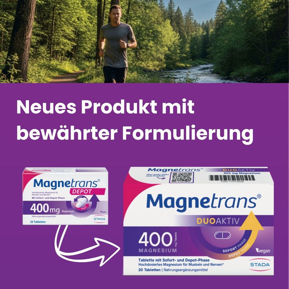 Vergleich von Magnetrans DEPOT und Magnetrans DUOAKTIV 400 mg Magnesium Verpackungen.