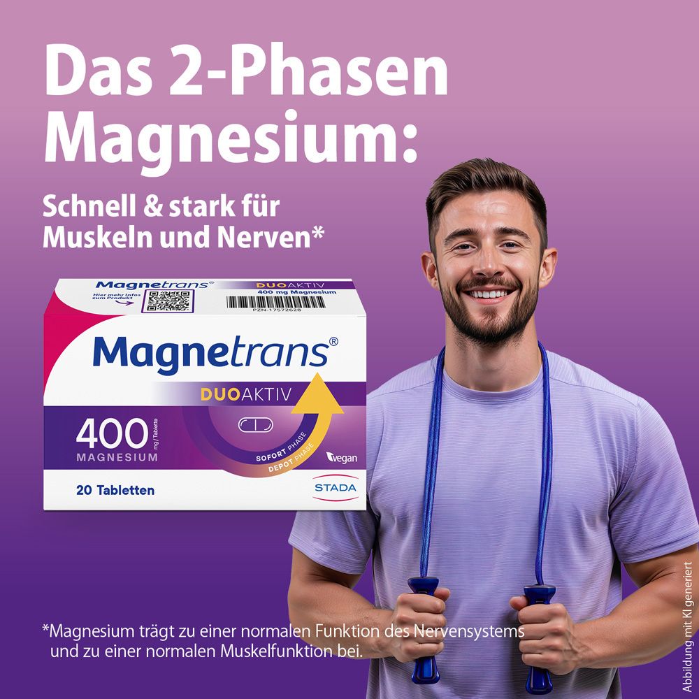 Mann mit Magnetrans DUOAKTIV 400 mg Magnesium Verpackung, beworben für Muskeln und Nerven.