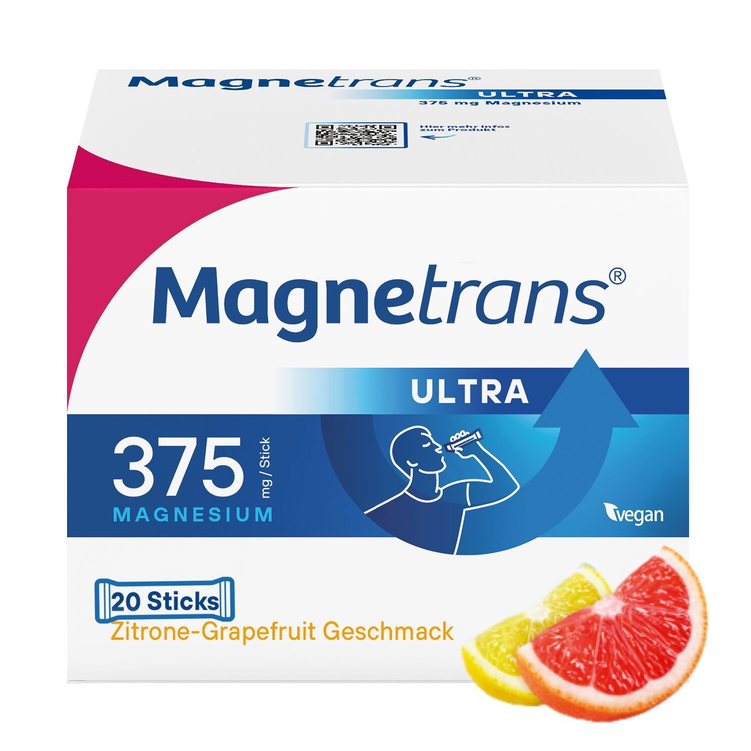 Weißer Karton mit Produktnamen und Logo. Enthält 20 Sticks. Abbildung von Zitrone und Grapefruit.
