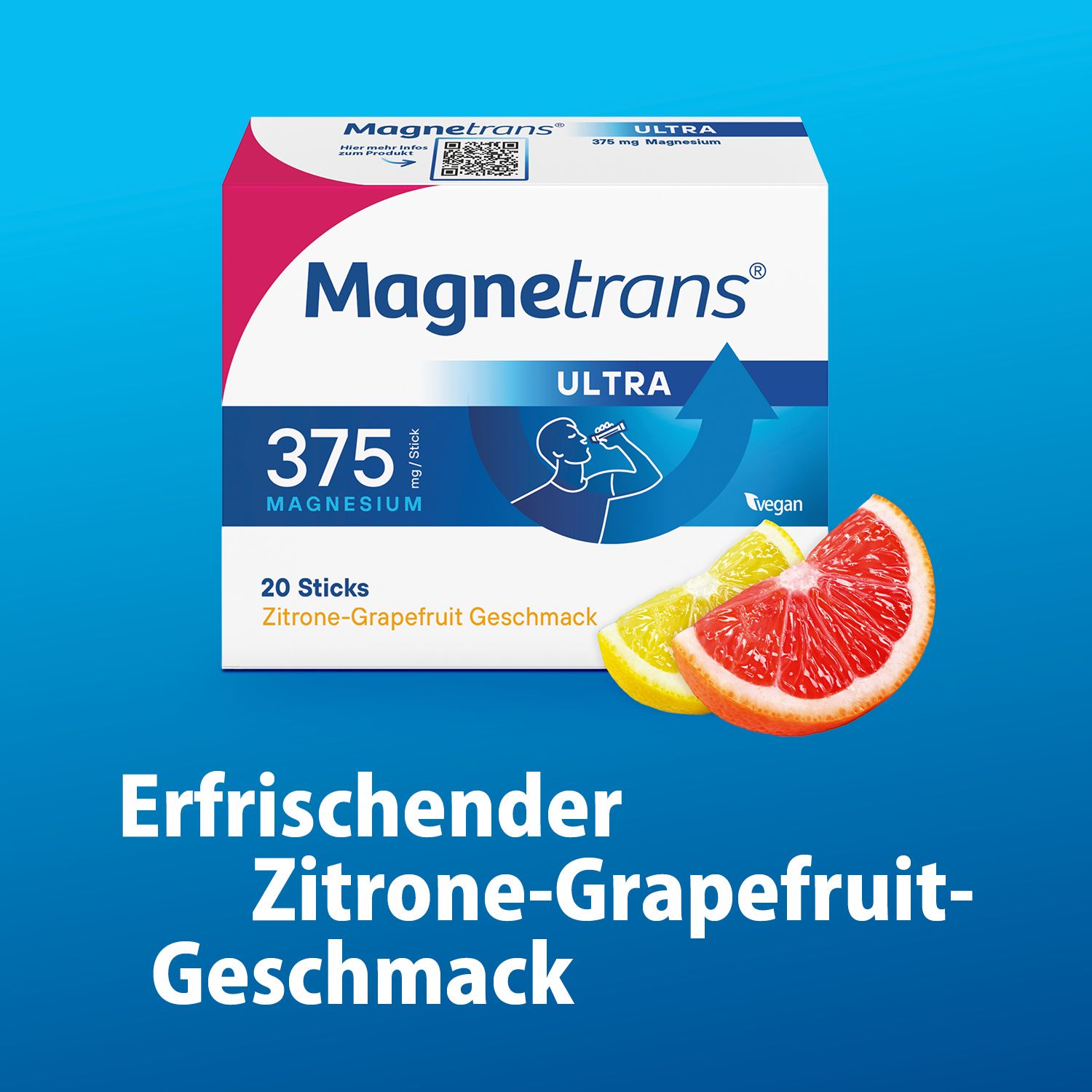 Produktverpackung mit Text. Abbildung von Zitrone und Grapefruit. Text: Erfrischender Zitrone-Grapefruit-Geschmack.