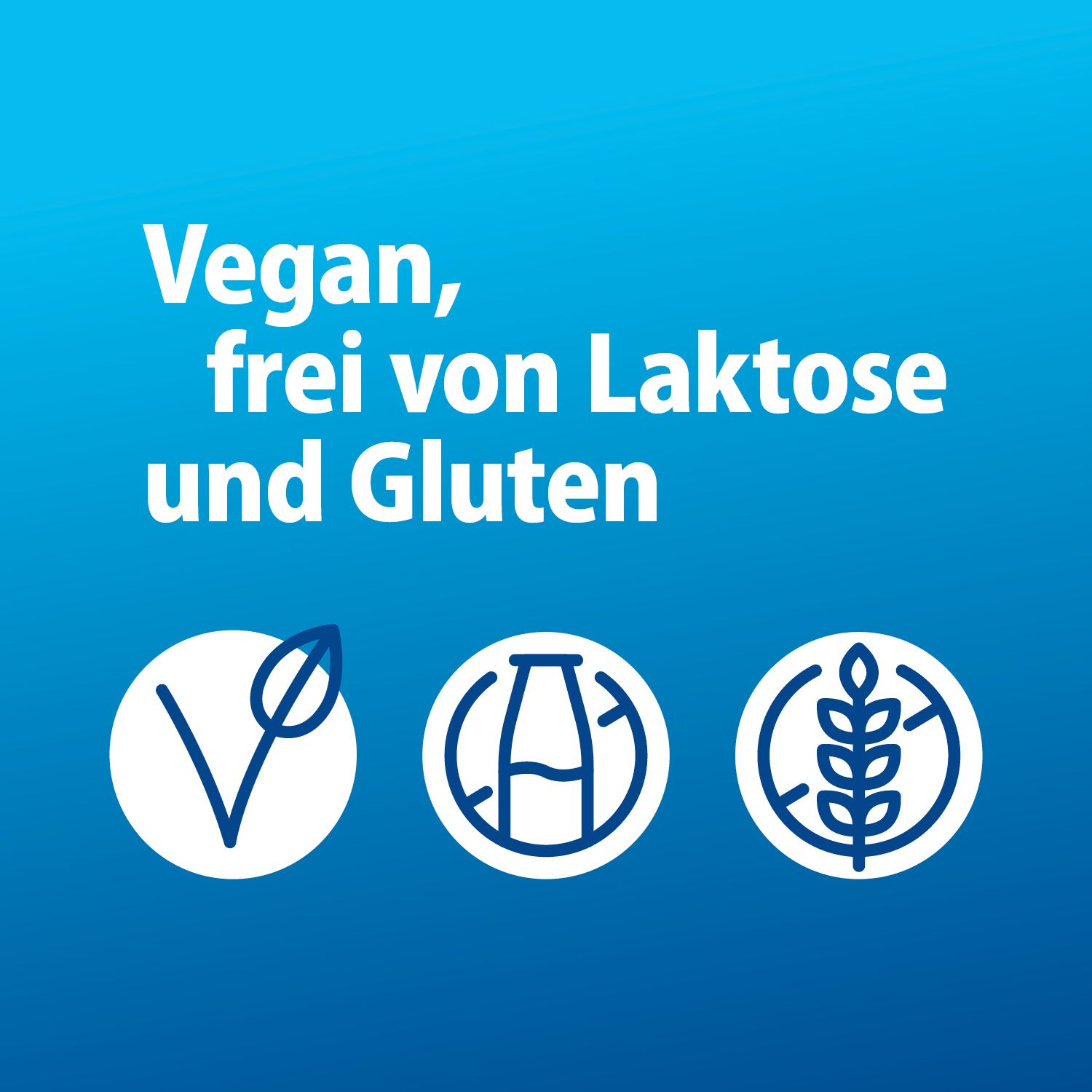Blauer Hintergrund mit drei Symbolen: Vegan, laktosefrei, glutenfrei.