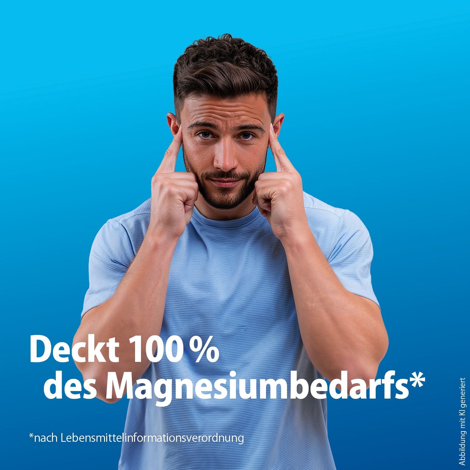 Mann berührt Schläfen. Text: Deckt 100% des Magnesiumbedarfs.