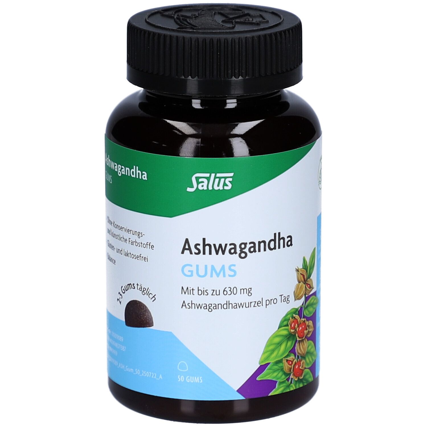 Braune Flasche mit Salus Ashwagandha Gums. Aufschrift: 24 Gums täglich. 50 Gums. Mit bis zu 630 mg Ashwagandhawurzel pro Tag.