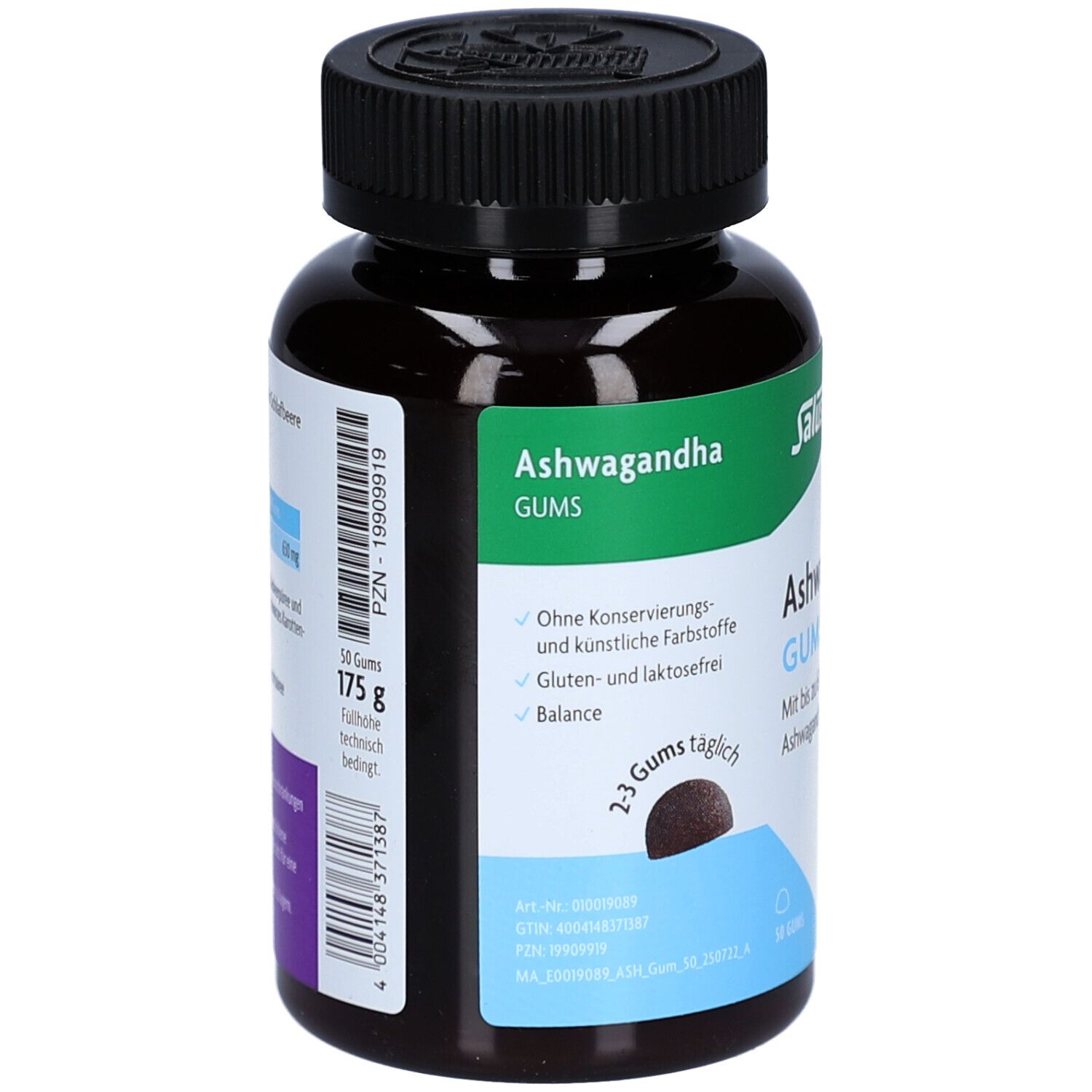 Braune Flasche mit Salus Ashwagandha Gums. Aufschrift: 50 Gums, 175 g. Ohne Konservierungsstoffe. 2-3 Gums täglich. Gluten- und laktosefrei.